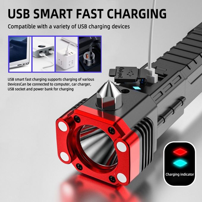 مصباح يدوي LED فائق السطوع مع مطرقة أمان وشحن عبر USB Lampe de poche LED super lumineuse avec marteau de sécurité, chargement