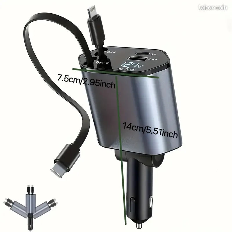 Chargeur téléphone rapide pour voiture 4-en-1 avec Câble Télescopique