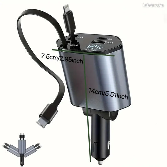 Chargeur téléphone rapide pour voiture 4-en-1 avec Câble Télescopique