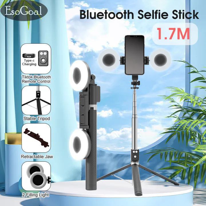 عصا سيلفي بلوتوث 6 في 1 مع حامل ثلاثي مدمج وحلقة إضاءة LED مزدوجة Perche à selfie Bluetooth 6-en-1 avec trépied intégré et double anneau lumineux LED