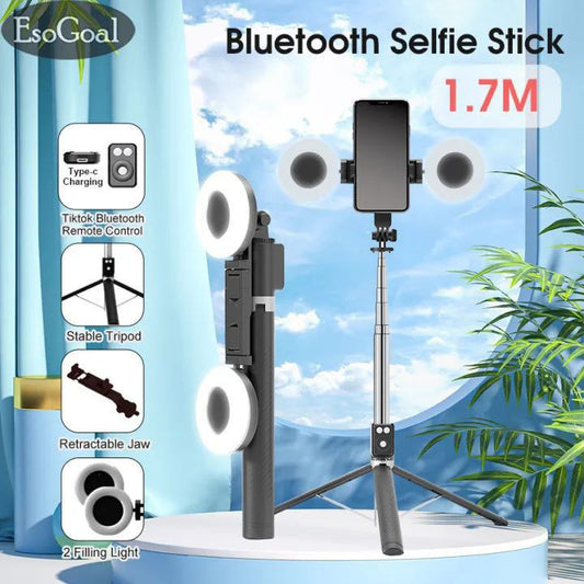 عصا سيلفي بلوتوث 6 في 1 مع حامل ثلاثي مدمج وحلقة إضاءة LED مزدوجة Perche à selfie Bluetooth 6-en-1 avec trépied intégré et double anneau lumineux LED