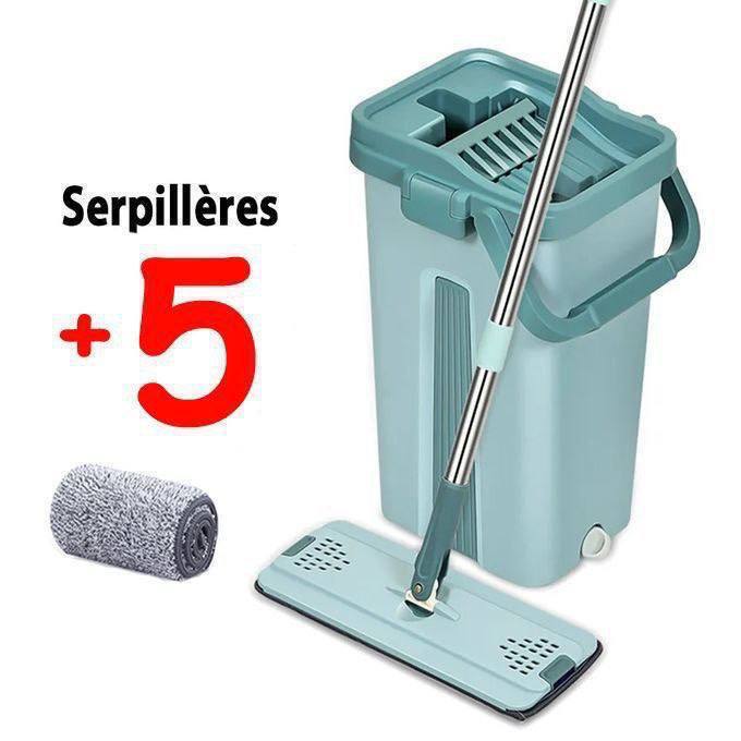 Kit de Balai et Seau Plat Ultime مجموعة تنظيف تتضمن ممسحة مسطحة ودلو عصر مكون من حجرتين.