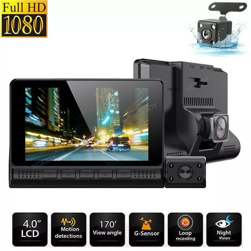 كاميرا السيارة ثلاثية العدسات مسجل فيديو للسيارة Enregistreur vidéo E-ACE pour voiture de 4 pouces avec 3 caméras FHD 1080P, support pour caméra arrière