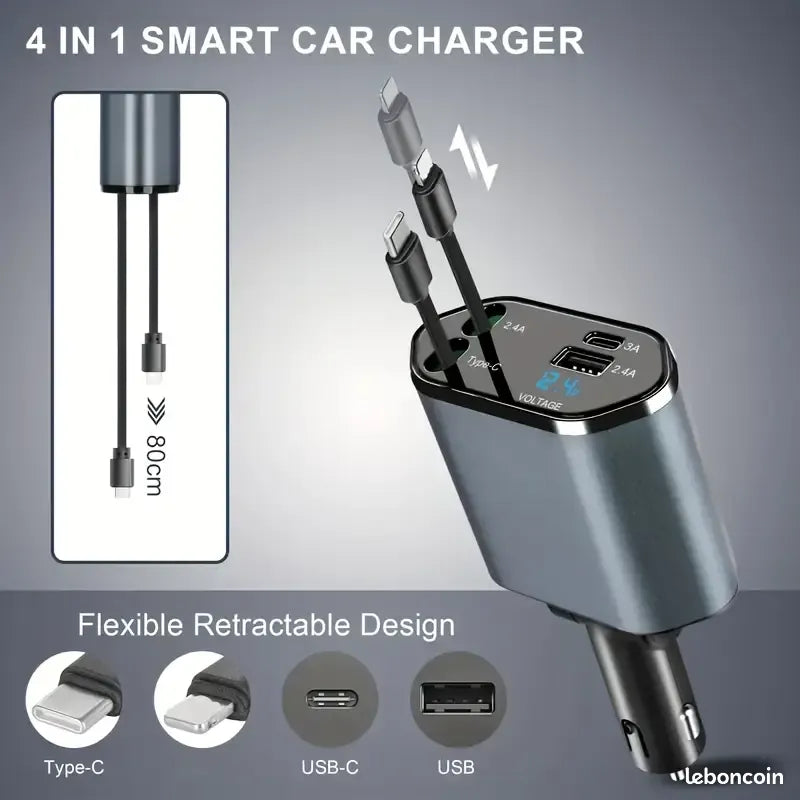 Chargeur téléphone rapide pour voiture 4-en-1 avec Câble Télescopique