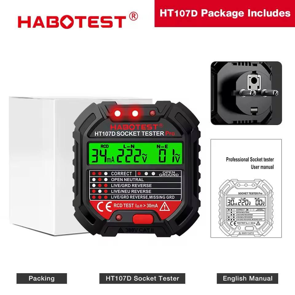 Testeur de prises HT106 HT107 Pro Test de tension Détecteur de prises جهاز اختبار المقابس