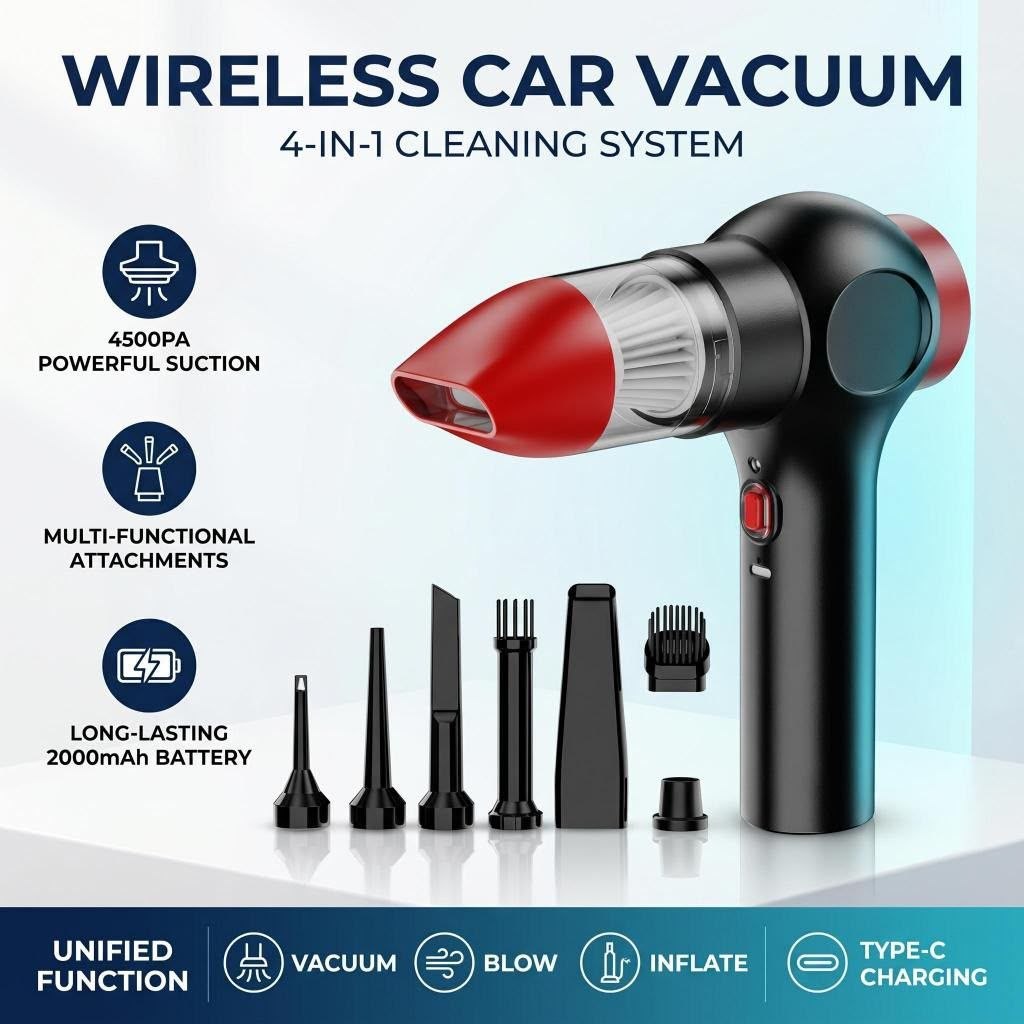 مكنسة كهربائية صغيرة للسيارة لاسلكية 4 في 1 Mini aspirateur de voiture sans fil 4-en-1