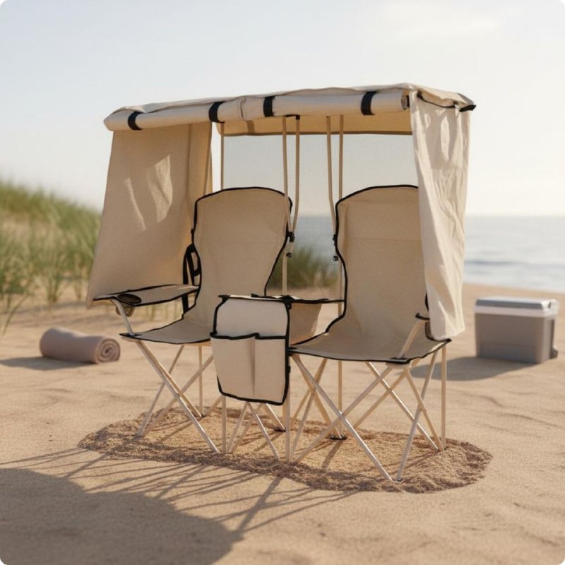 Chaise de camping double avec auvent pare-soleil intégré كرسي تخييم مزدوج مع مظلة شمسية مدمجة، كرسي تخييم قابل للطي لشخصين مع حقيبة تبريد وحامل أكواب