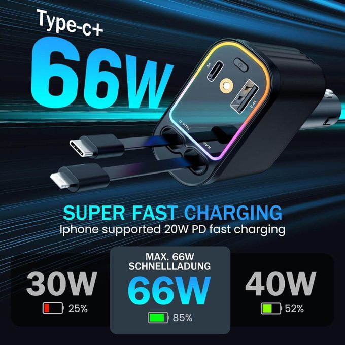شاحن سيارة قابل للسحب 4 في 1 مع سقف بإضاءة النجوم Chargeur Voiture 4en1 Rétractable avec toit Starlight