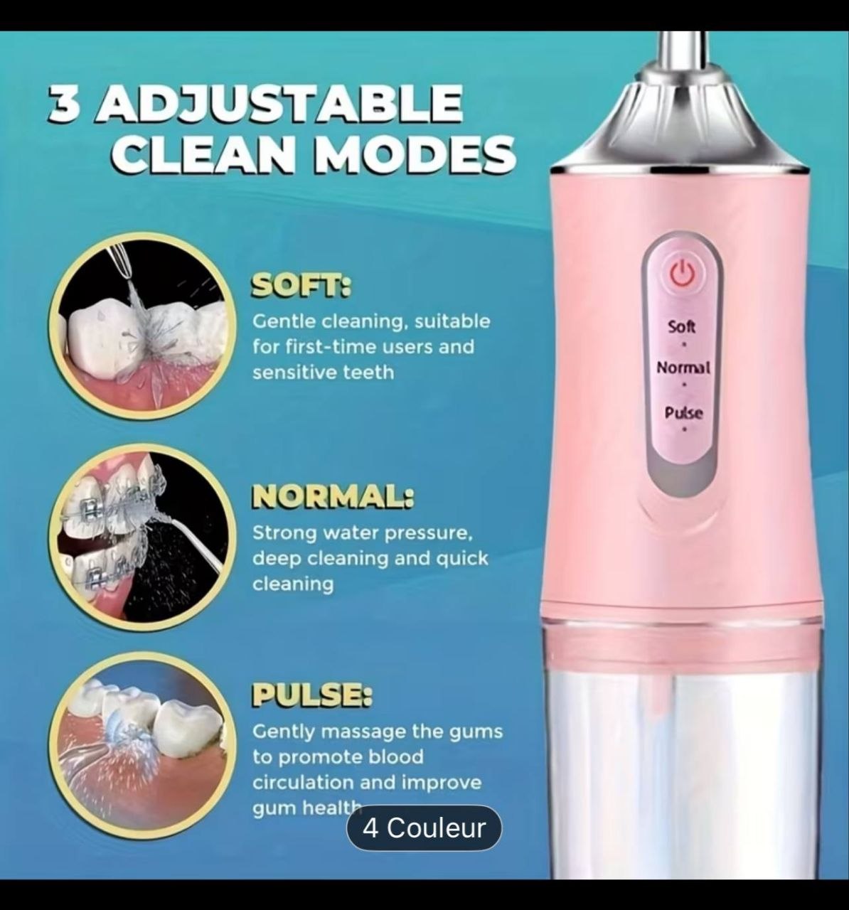 Fil Dentaire Portable Sans Fil Irrigateur Oral Nettoyage 3 Modes, Nettoyant Dentaire خيط تنظيف الأسنان لاسلكي محمول، جهاز ري الفم، 3 أوضاع، منظف أسنان، محمول مع 4 فوهات محمول قابل لإعادة الشحن