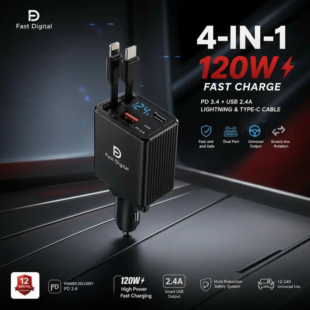 Chargeur de voiture 4-en-1 Fast Digital 120W