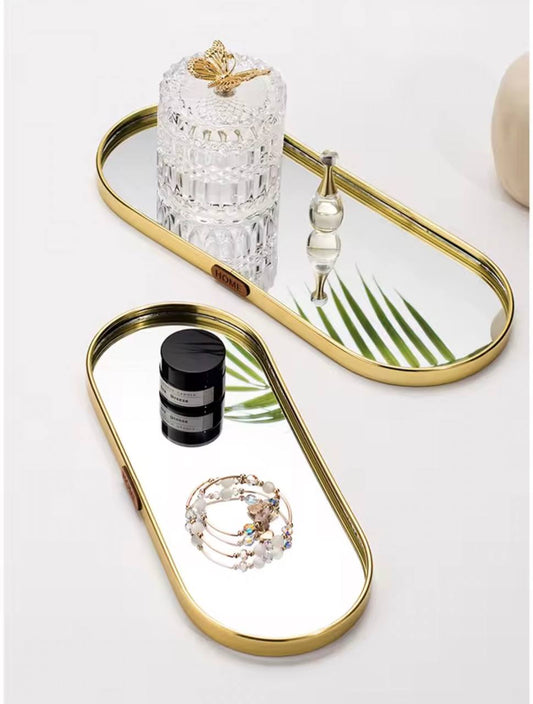 صينية مزخرفة بمرآة من المعدن الذهبي اللون 40×12×1.5 سم Plateau miroir décoratif en métal doré