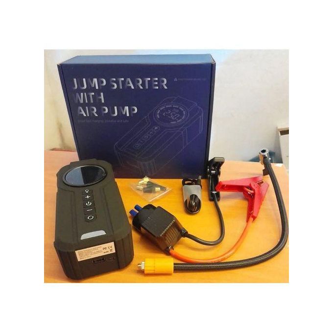 Jump Starter with Air Pump Compresseur d’Air Portable Multifonction Gonfleur Électrique  ضاغط هواء محمول متعدد الوظائف منفاخ كهربائي مزود ببطارية