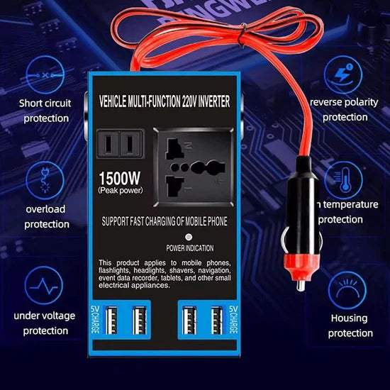 محول جهد كهربائي للسيارة بقدرة 1500 واط مزود بـ 4 منافذ USB، محول طاقة للسيارة Multi-Function Vehicle Inverter Convertisseur de tension de voiture 1500W 4ports USB, Onduleur de Puissance pour Voiture