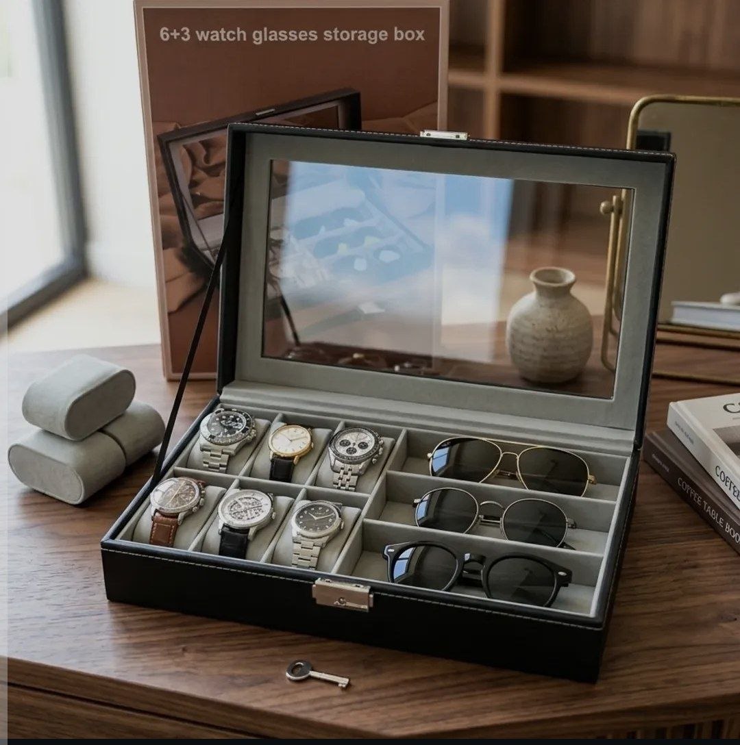 صندوق جلدي للساعات والنظارات، ومنظم نظارات بغطاء زجاجي Coffret en cuir pour montres et lunettes