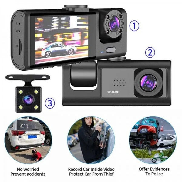 كاميرا سيارة عالية الدقة بالكامل Camera de voiture Dashcam FULL HD 1080P 3 Lens Avant, intérieur et arrière Camera Embarquée