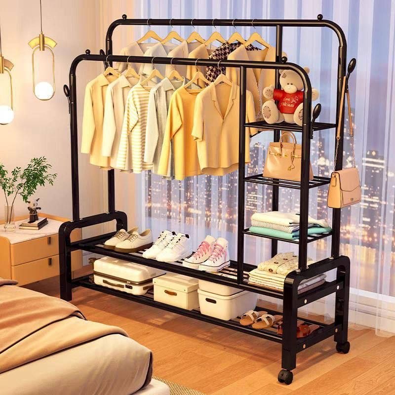 porte-vêtements en métal noir à double pôle avec des étagères de rangement خزانة ملابس رف ملابس معدني أسود مزدوج الأعمدة مع أرفف تخزين