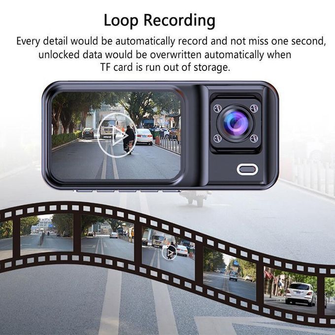 كاميرا لوحة القيادة Full HD 1080P بثلاث عدسات مسجل DVR برؤية ليلية Vehicle Blackbox DVR Full HD1080 Dashcam 3 Caméras Avant Intérieur Arrière avec WiFi