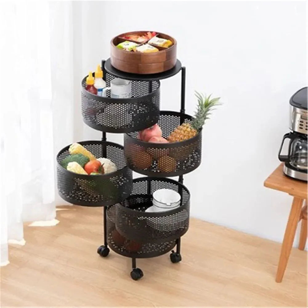 رف مطبخ دوار متعدد الطبقات سلة تخزين أسطوانية 360 درجة Etagère de Cuisine Rotative Multi-Couches Panier de Rangement Cylindrique