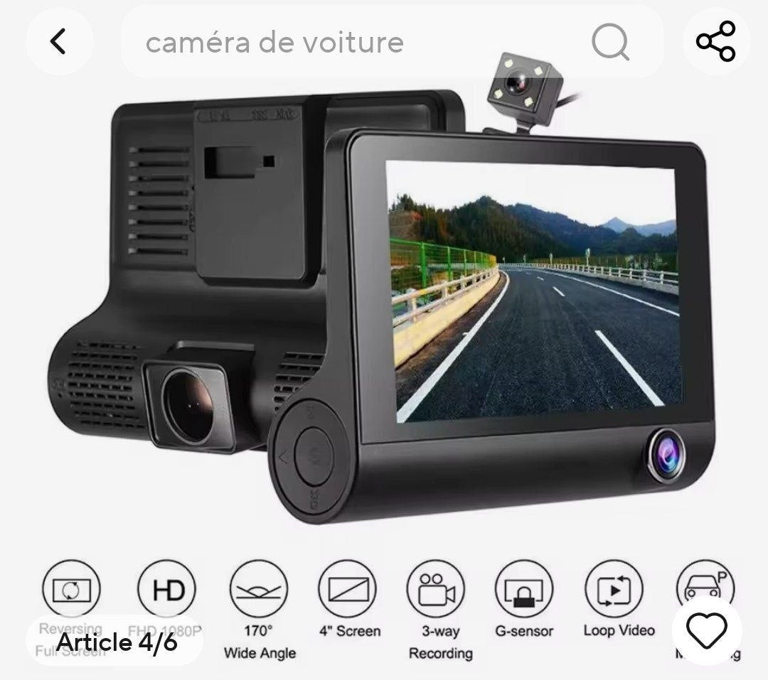 كاميرا لوحة قيادة للسيارة Dashcam voiture 4 pouces, 3 objectifs