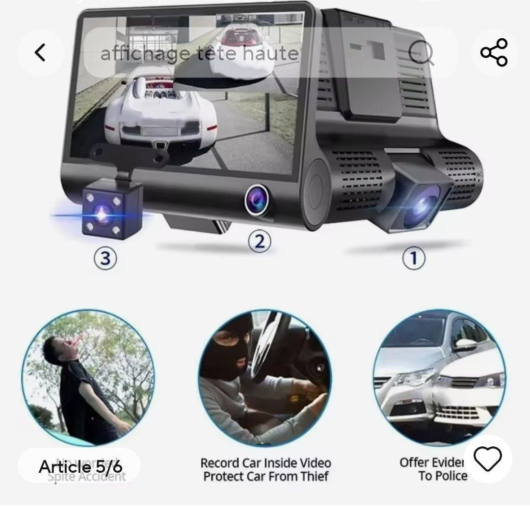 كاميرا لوحة قيادة للسيارة Dashcam voiture 4 pouces, 3 objectifs