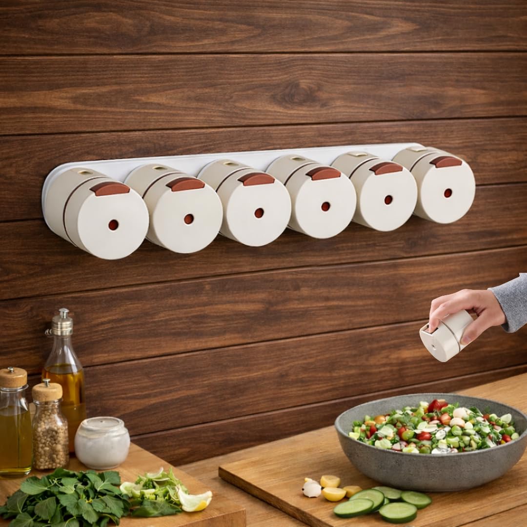 رف توابل مغناطيسي يُثبت على الحائط مع برطمانات بزر ضغط Étagère à épices magnétique murale avec pots à bouton-poussoir