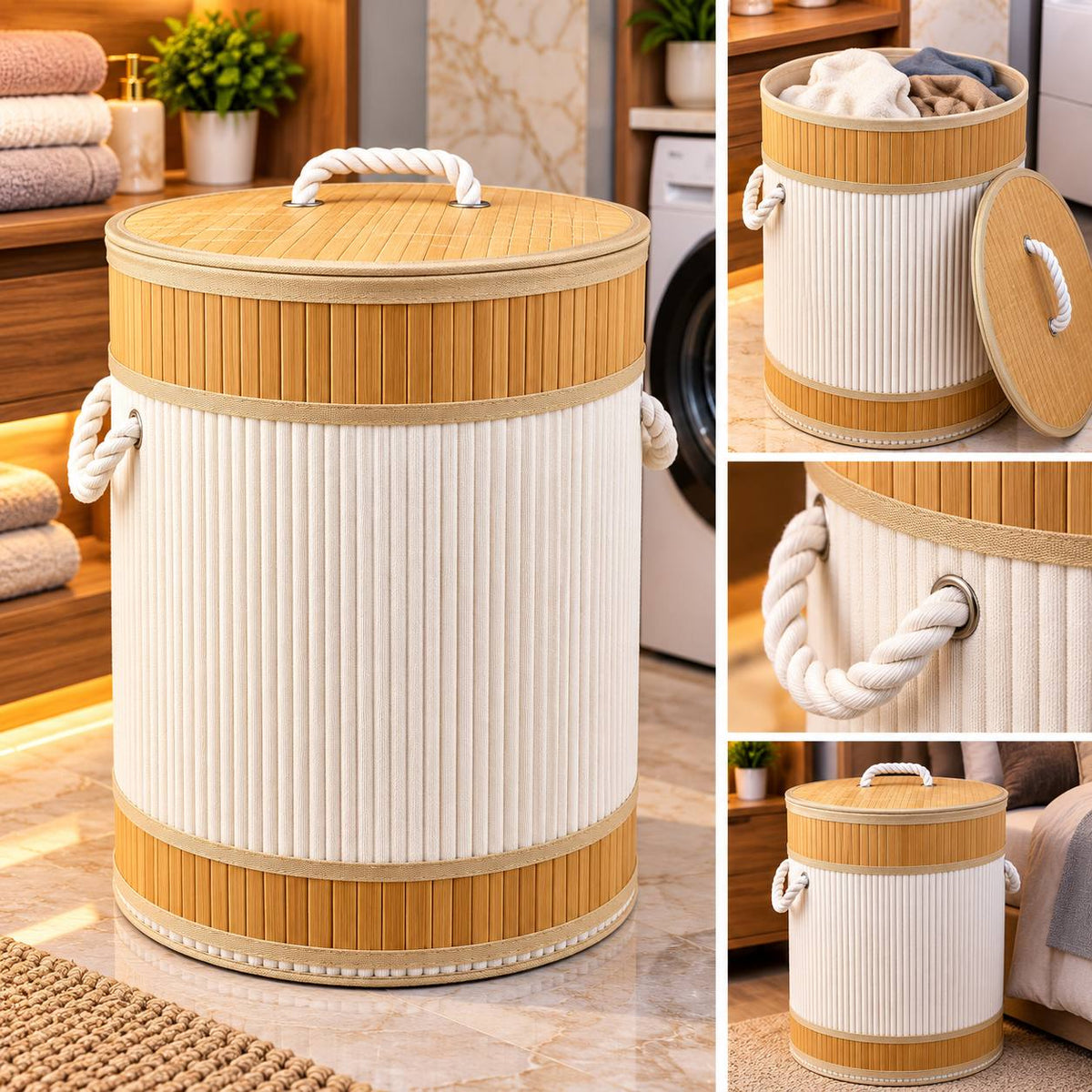 سلة غسيل مستديرة تجمع بين الخيزران الطبيعي والقماش الأبيض Panier à linge rond allie du bambou naturel et un tissu blanc