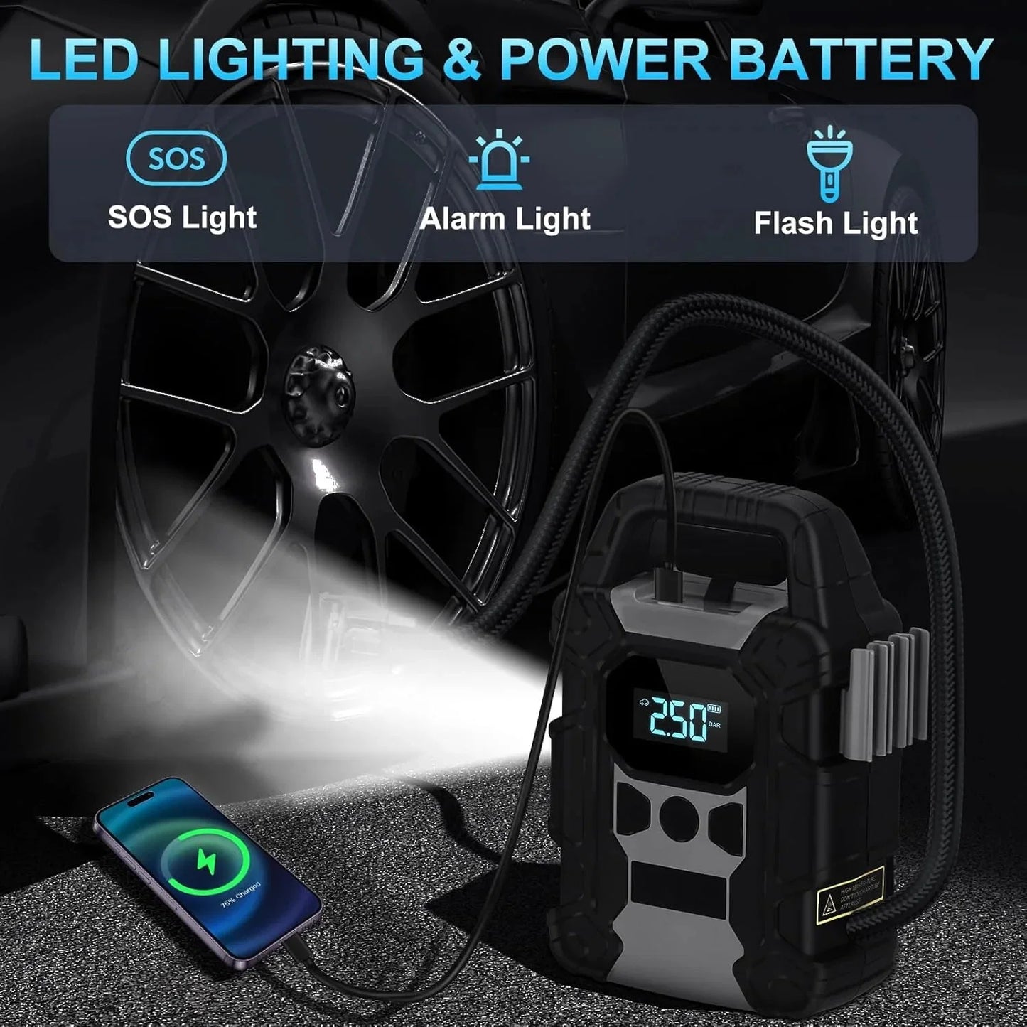 ضاغط هواء صغير قابل لإعادة الشحن Y-QB02 7500MAH Tire Inflator Mini Compresseur d’Air Rechargeable 150 PSI Écran LED