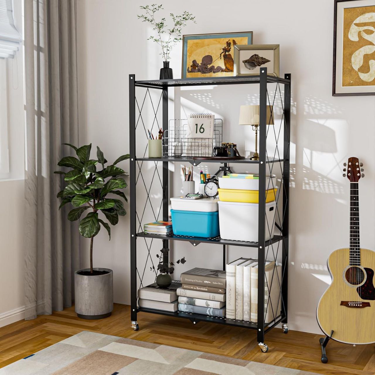 رف معدني قابل للطي بأربع طبقات وعجلات Étagère en Métal Pliable avec 4 Couches et Roues