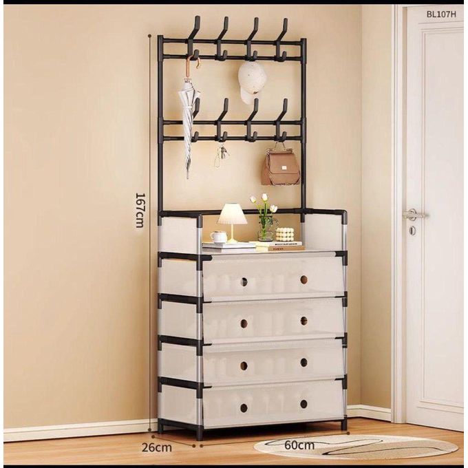 وحدة تخزين أحذية من 5 طبقات مع رف للقبعات والمعاطف Meuble rangement chaussures 5 étages porte-chapeaux manteaux métal 8 Crochets