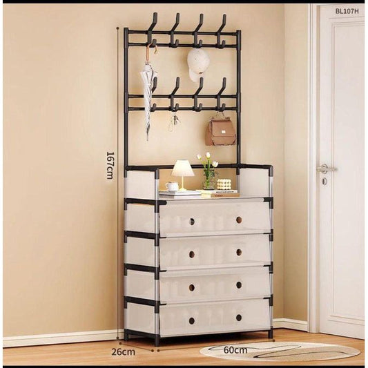 وحدة تخزين أحذية من 5 طبقات مع رف للقبعات والمعاطف Meuble rangement chaussures 5 étages porte-chapeaux manteaux métal 8 Crochets