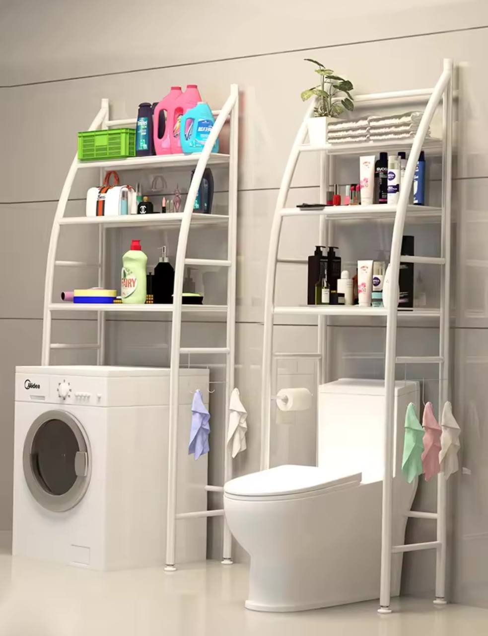 رف حمام ثلاثي الطبقات مع حامل لفافة، رف غسالة Etagère salle de bain à 3 niveaux avec porte-rouleau