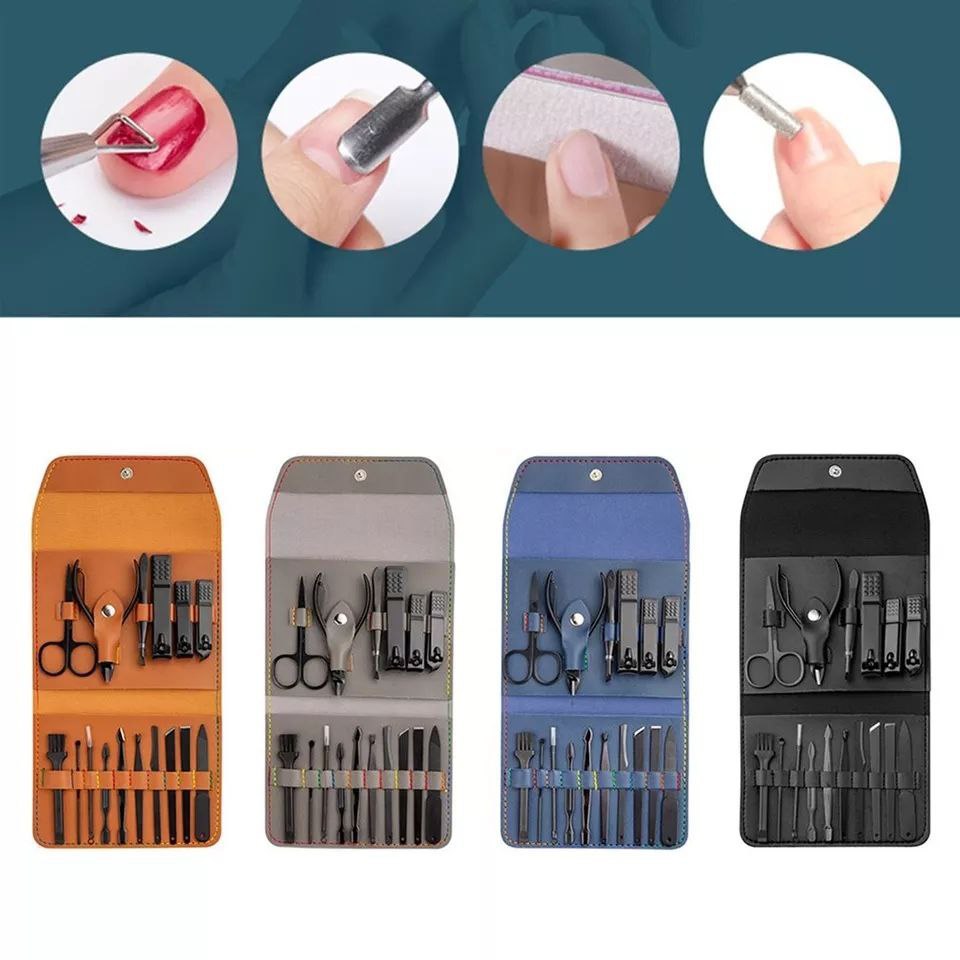 Kit complet de pédicure en acier inoxydable Ensemble de manucure professionnel مجموعة مانيكير احترافية مكونة من 12/16 قطعة، مجموعة باديكير كاملة من الفولاذ المقاوم للصدأ مع حقيبة جلدية محمولة، فكرة هدية