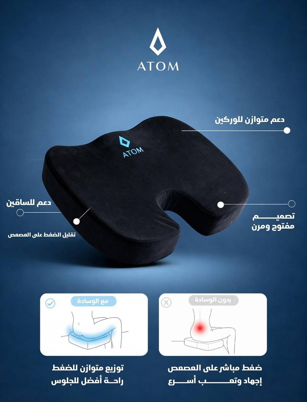 coussin de siège iTom est conçu pour offrir un soutien orthopédique وسادة مقعد من iTom بميموري فوم لدعم أسفل الظهر 43x36x5 سم