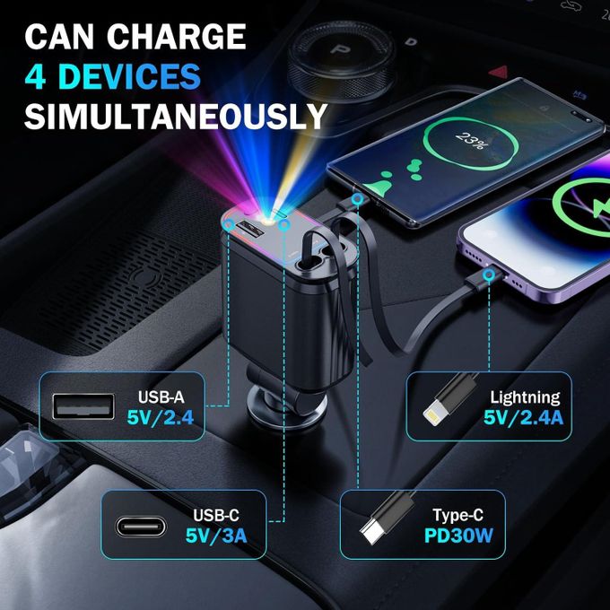 شاحن سيارة قابل للسحب 4 في 1 مع سقف بإضاءة النجوم Chargeur Voiture 4en1 Rétractable avec toit Starlight