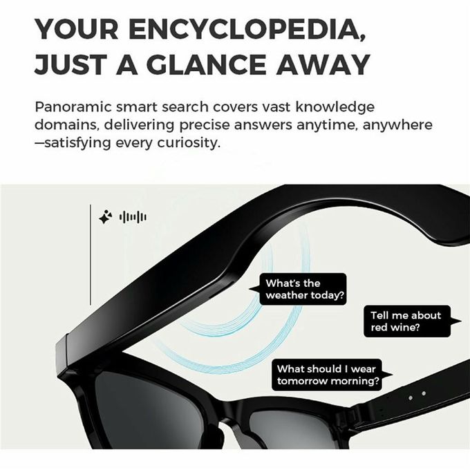 Lunettes Audio Intelligentes Bluetooth M01 avec Caméra Intégrée, Assistant Vocal IA, Traduction en Temps Réel نظارات صوتية ذكية M01 مزودة بتقنية البلوتوث وكاميرا مدمجة ومساعد صوتي بالذكاء الاصطناعي وترجمة فورية ومكالمات وموسيقى