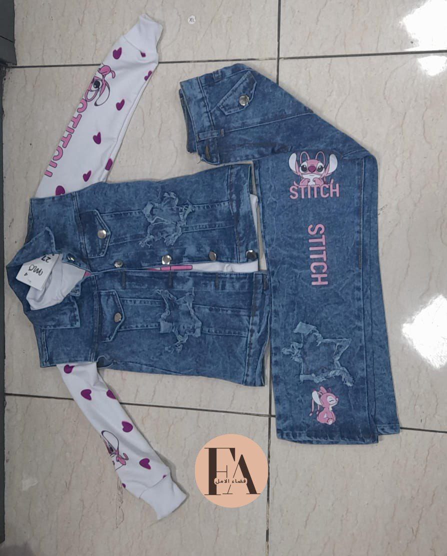 أنصومبل نجيمات دجين بنات 3ps جلي و قبية و سروال دجين  بطبعة ستيتش   توب قبي