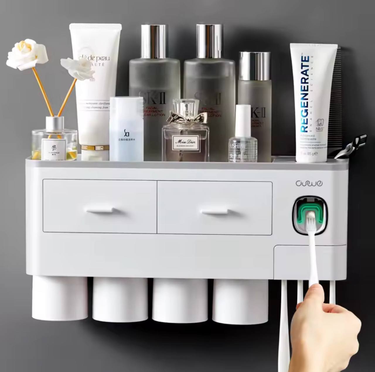 حامل فرشاة أسنان جداري بأربعة أكواب Porte-brosse à dents magnétique mural, distributeur automatique de dentifrice