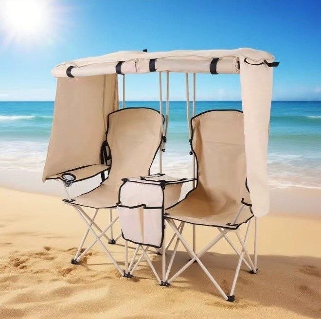 Chaise de camping double avec auvent pare-soleil intégré كرسي تخييم مزدوج مع مظلة شمسية مدمجة، كرسي تخييم قابل للطي لشخصين مع حقيبة تبريد وحامل أكواب