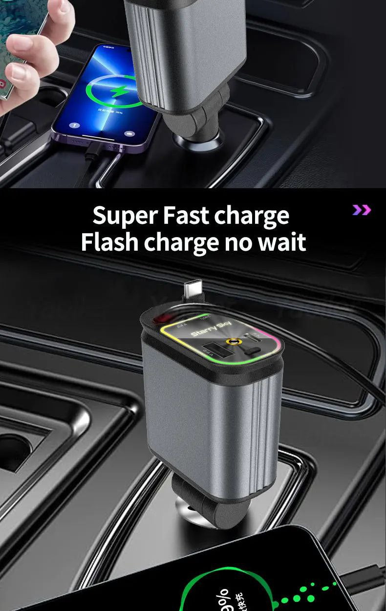 Charge rapide auto multifonction 4-en-1 avec câbles rétractables