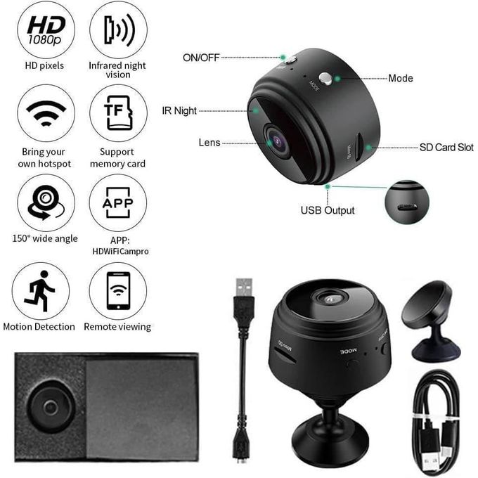 Mini Caméra Noire Discrète avec Vision Infrarouge et Angle Large A9
