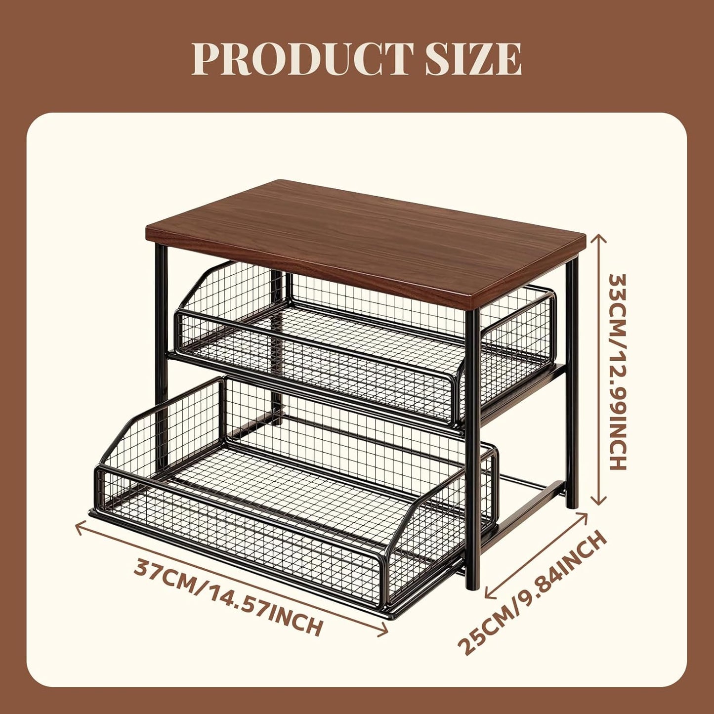Organisateur de Station Café 2 Étages avec Tiroir, Étagère de Comptoir en Métal et Bois منظم محطة قهوة من طبقتين مع درج، ورف معدني وخشبي لسطح الطاولة
