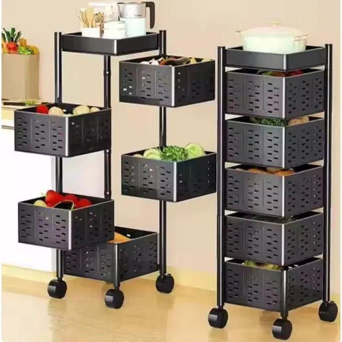 Etagère de rangement rotative 5 niveaux à roulettes, chariot cuisine multifonction mobile رف تخزين دوار بخمسة مستويات على عجلات، عربة مطبخ متنقلة متعددة الوظائف