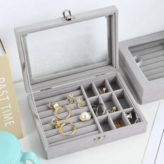 Boîte à Bijoux en Velours Gris avec Couvercle Transparent صندوق مجوهرات مخملي رمادي بغطاء شفاف