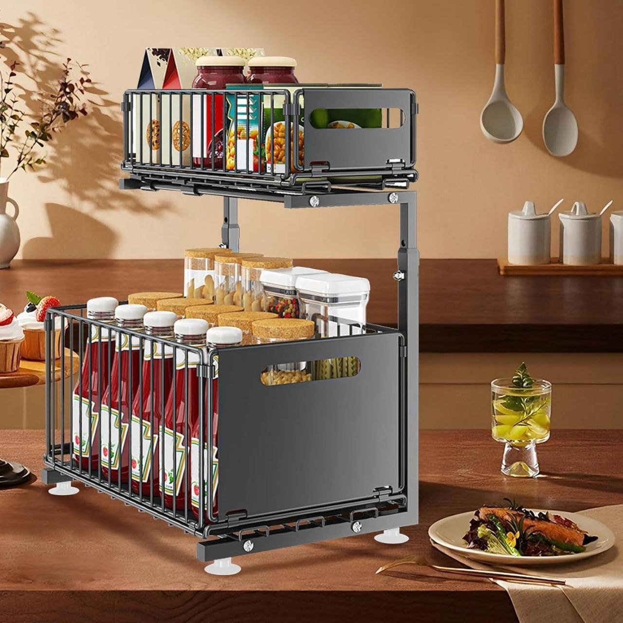 منظم مطبخ منزلق مزدوج الطبقات Organisateur de Cuisine Coulissant Double Étage