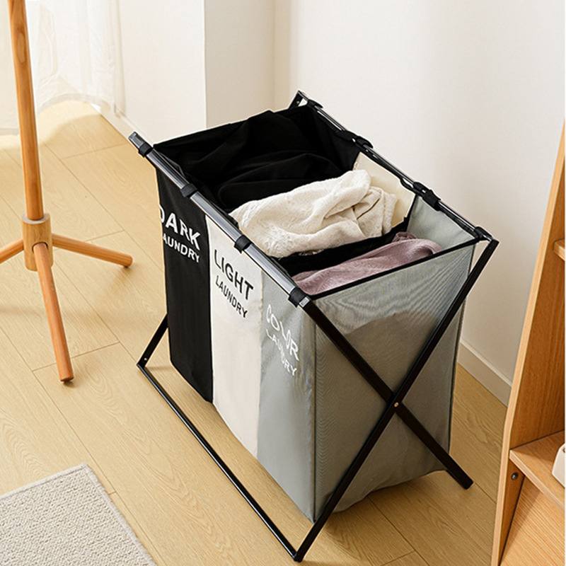 سلة الغسيل قابلة للطي وسهلة الاستعمال Panier à linge avec trois compartiments, pliable en forme de X, Organisateur linge