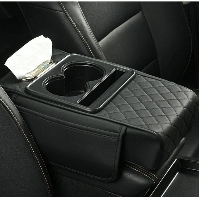 وسادة مسند ذراع السيارة الوسطى من الجلد الصناعي حامل هاتف مدمج وحاملات أكواب Coussin d’accoudoir central pour voiture en simili cuir