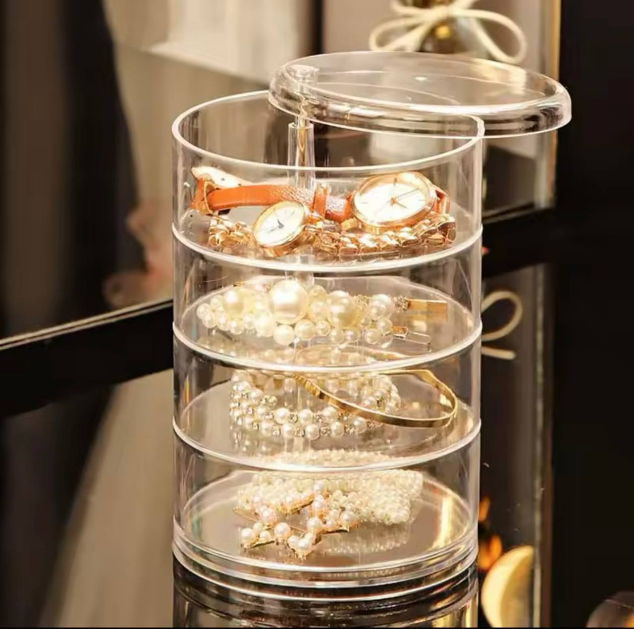 صندوق تخزين مجوهرات دوار ، حامل عرض للأساور والأقراط والساعات