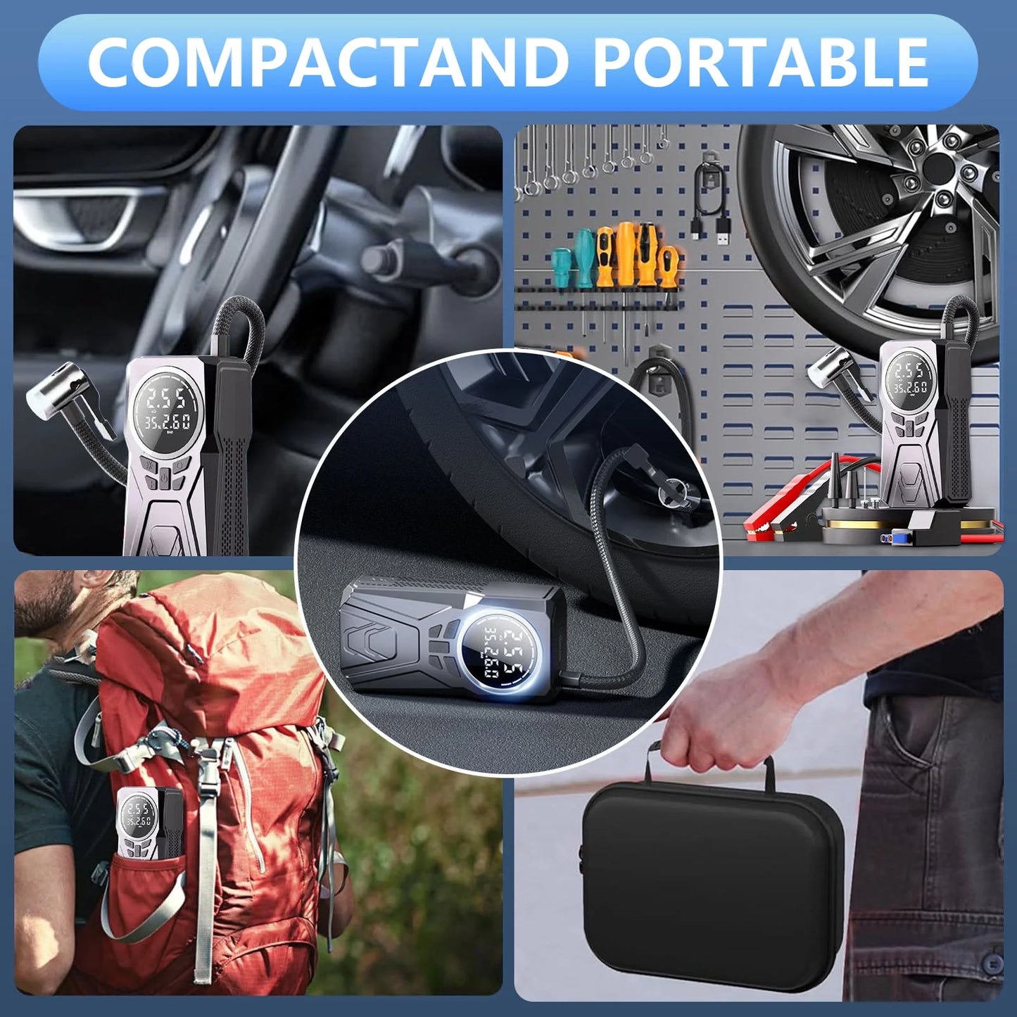 Démarreur de batterie portable 5 en 1 avec compresseur d'air جهاز بدء تشغيل السيارة مع ضاغط هواء
