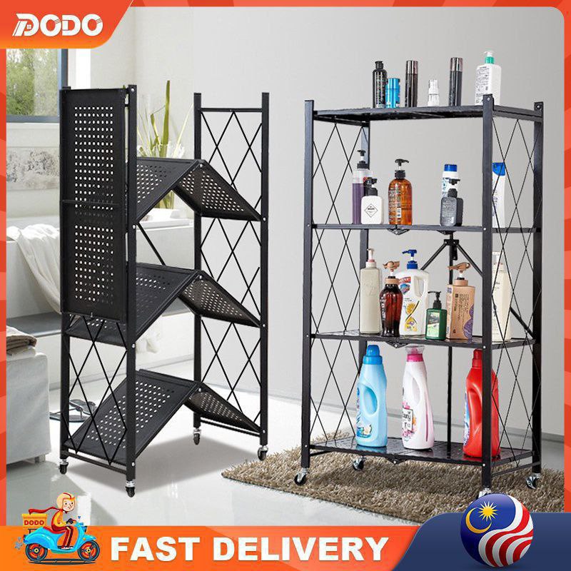 رف معدني قابل للطي بأربع طبقات وعجلات Étagère en Métal Pliable avec 4 Couches et Roues