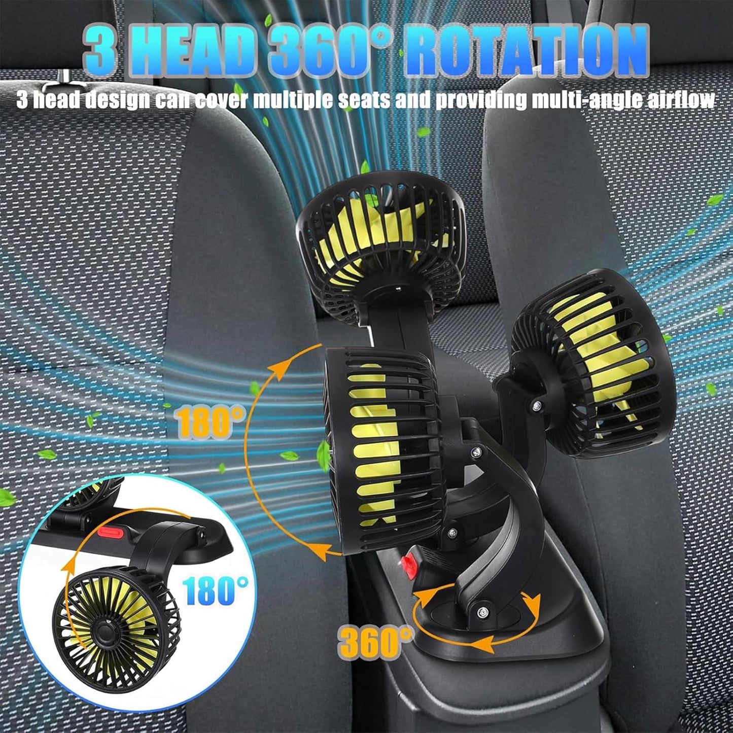 مروحة سيارة بثلاثة رؤوس، تبريد دوار تلقائي Ventilateur de Voiture à Trois Têtes